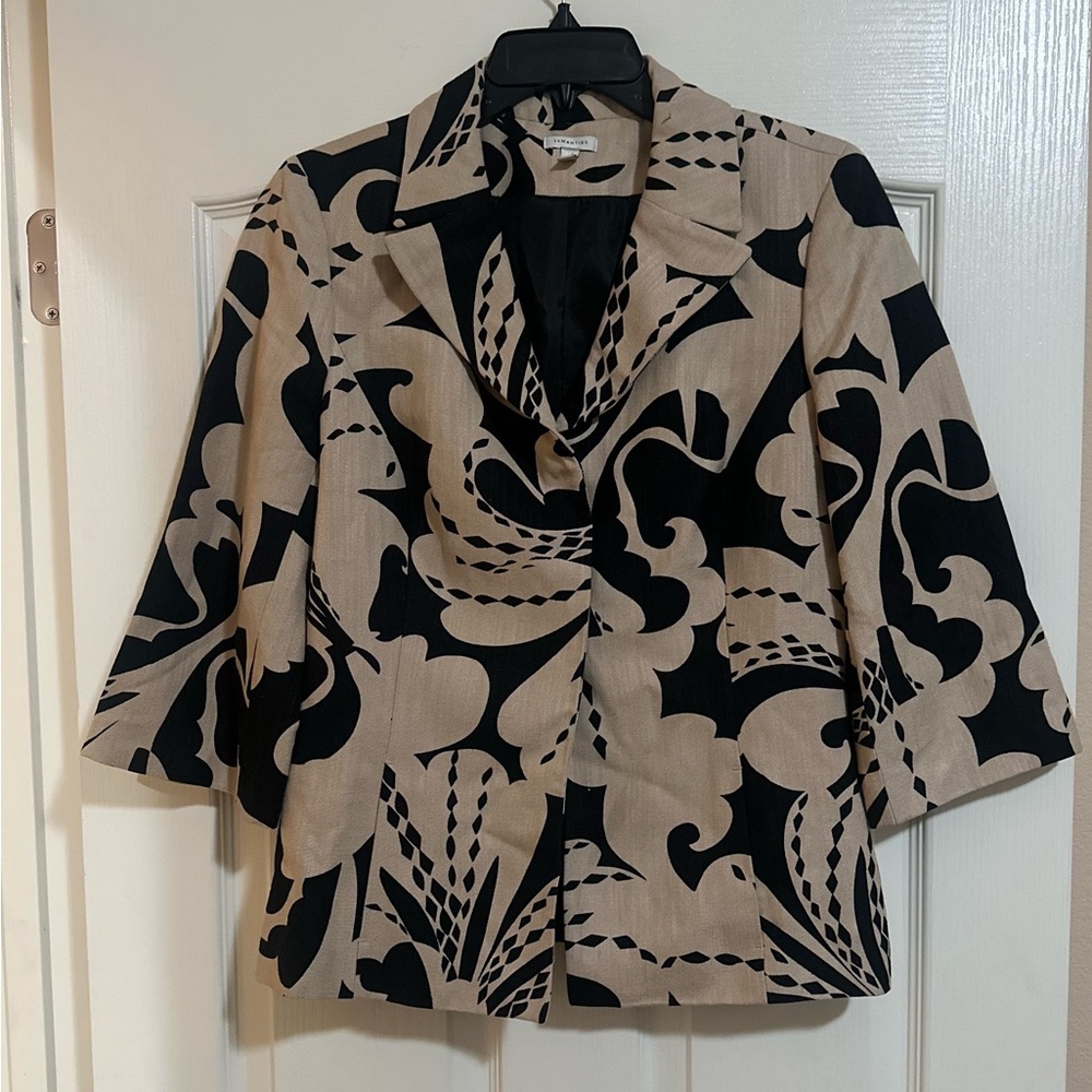 Women’s SEMANTIKS Beige Black Floral Linen Blend Snap Buisness Casual Blazer 10